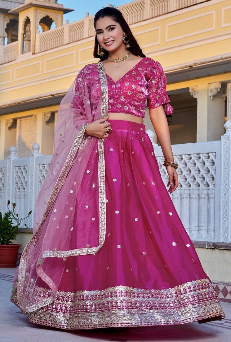 Pink Color Embroidery With Zari Thread & Sequence Work Silk Lehanga Choli Set  