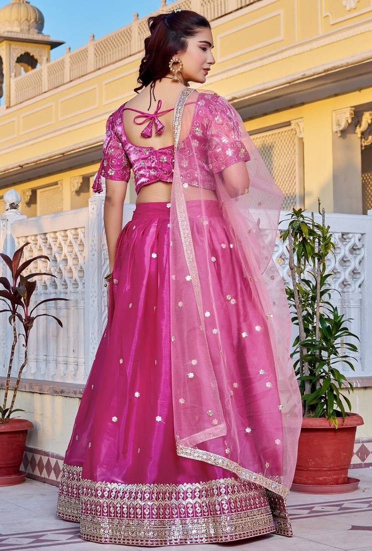 Pink Color Embroidery With Zari Thread & Sequence Work Silk Lehanga Choli Set  