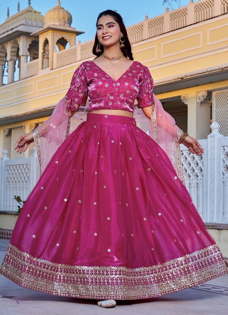 Pink Color Embroidery With Zari Thread & Sequence Work Silk Lehanga Choli Set  