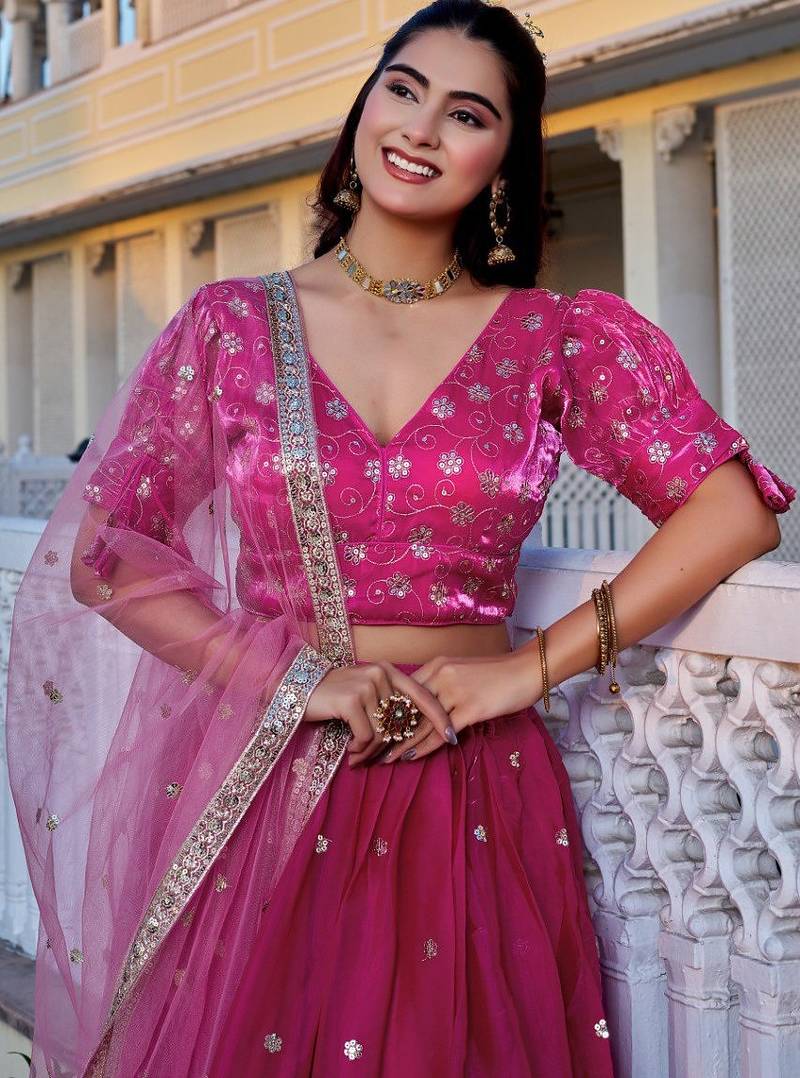 Pink Color Embroidery With Zari Thread & Sequence Work Silk Lehanga Choli Set  