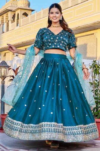 Teal Color Embroidery With Zari Thread & Sequence Work Silk Lehanga Choli Set  