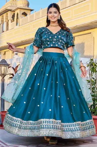 Teal Color Embroidery With Zari Thread & Sequence Work Silk Lehanga Choli Set  