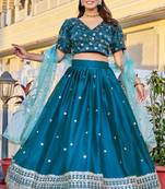 Teal Color Embroidery With Zari Thread & Sequence Work Silk Lehanga Choli Set  