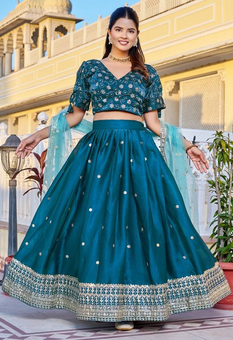 Teal Color Embroidery With Zari Thread & Sequence Work Silk Lehanga Choli Set  