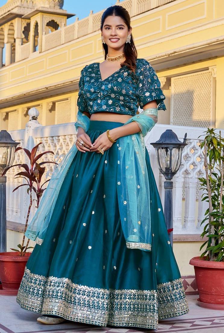 Teal Color Embroidery With Zari Thread & Sequence Work Silk Lehanga Choli Set  