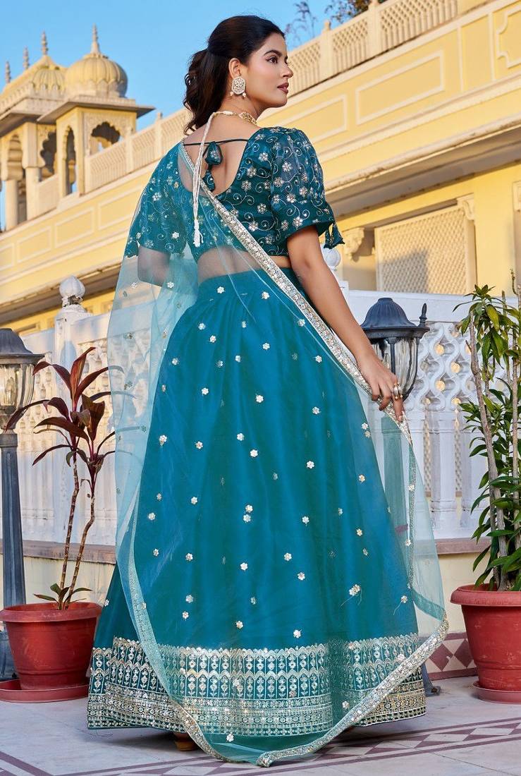 Teal Color Embroidery With Zari Thread & Sequence Work Silk Lehanga Choli Set  