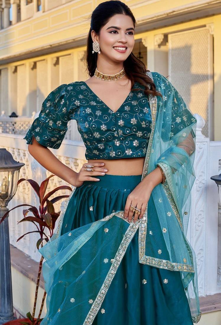 Teal Color Embroidery With Zari Thread & Sequence Work Silk Lehanga Choli Set  