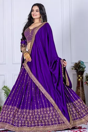 Purple color Embroidery With Multi Thread & Sequence Work Silk Lehanga Choli Set