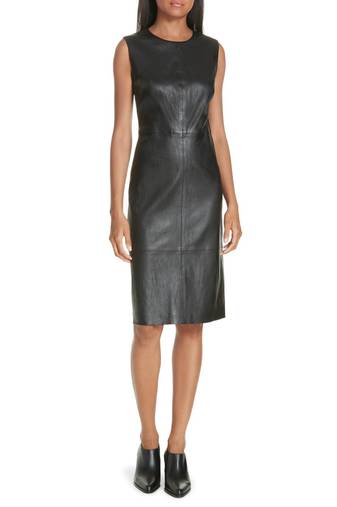 Women’s genuine lambskin leather midi sleeveless leather dress