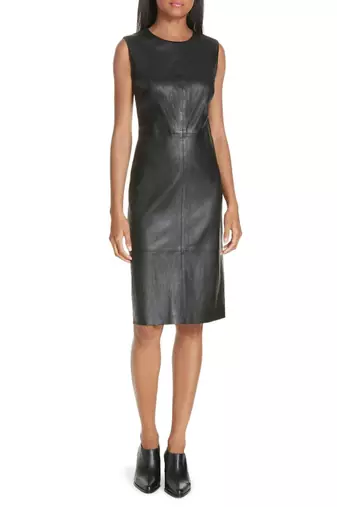 Women’s genuine lambskin leather midi sleeveless leather dress