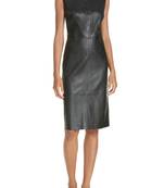 Women’s genuine lambskin leather midi sleeveless leather dress