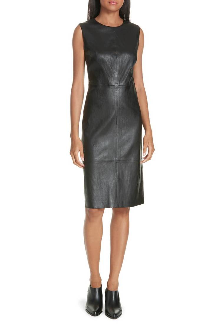 Women’s genuine lambskin leather midi sleeveless leather dress