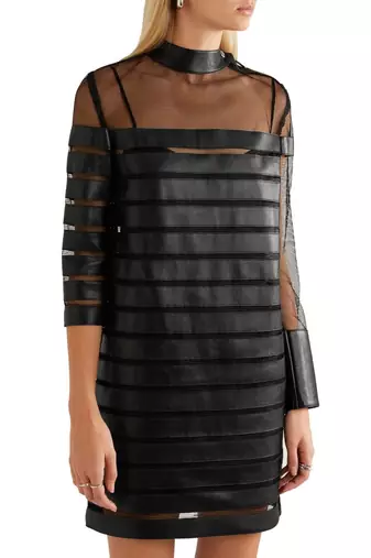 Women’s genuine lambskin leather dress mesh panel mini dress