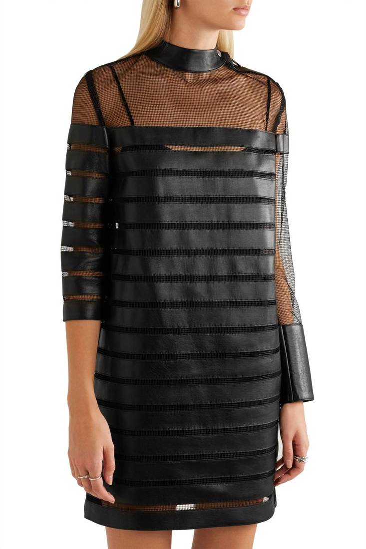 Women’s genuine lambskin leather dress mesh panel mini dress