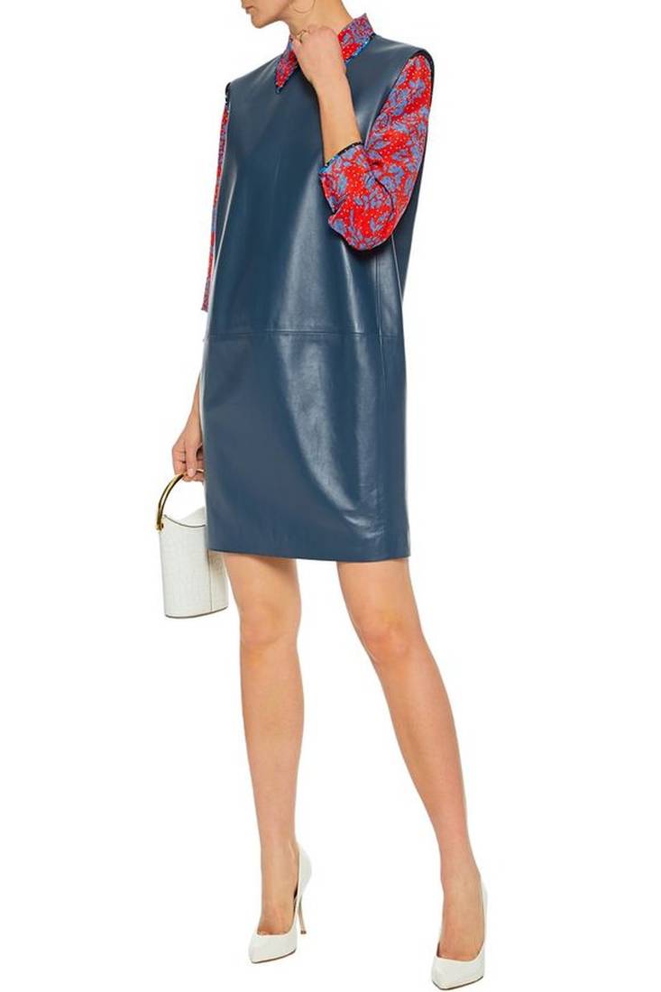 Women’s genuine lambskin blue leather sleeveless shift mini dress
