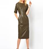 Women’s genuine lambskin olive leather short sleeve mini dress