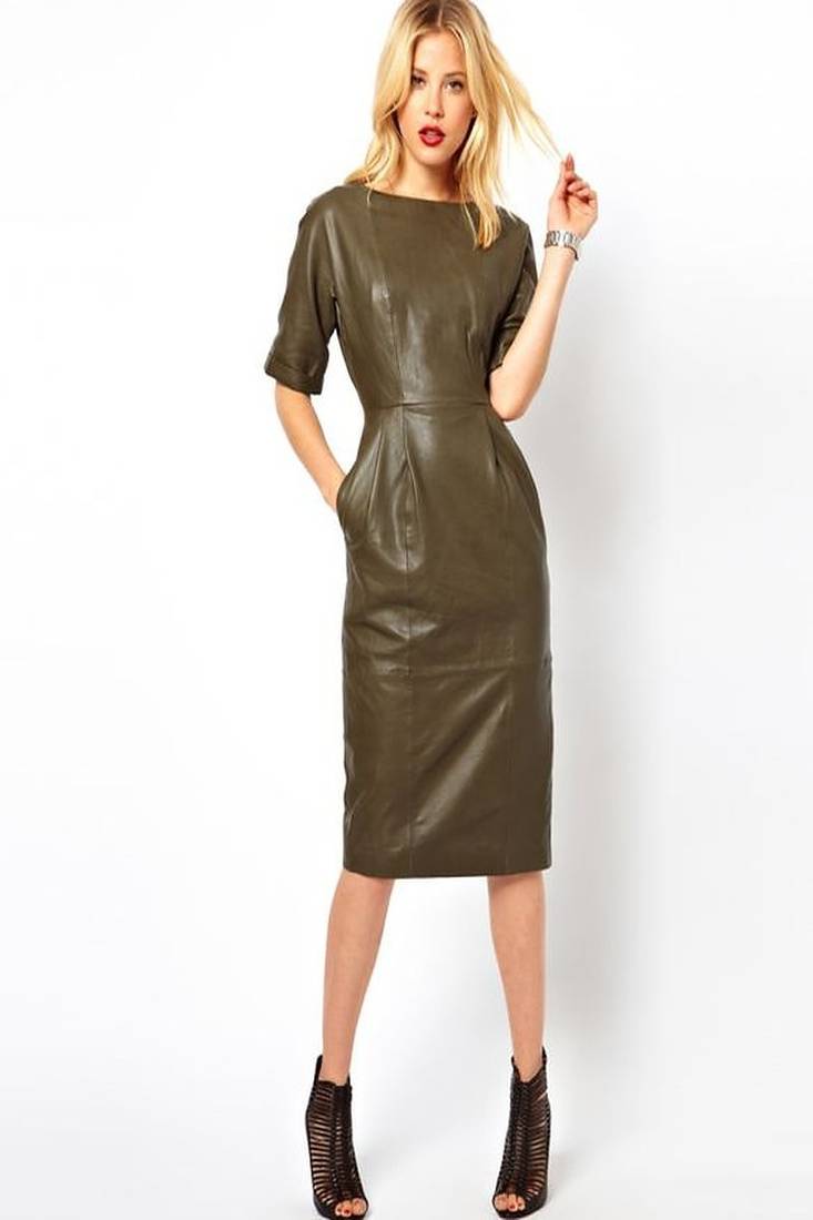 Women’s genuine lambskin olive leather short sleeve mini dress