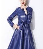 Women’s blue lambskin leather fit & flare knee-length dress with belt