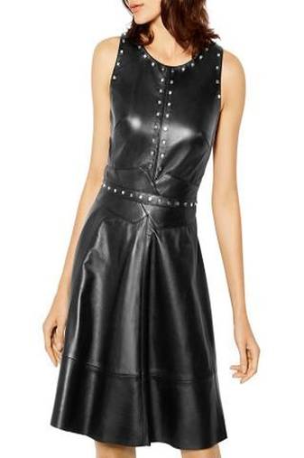 Women’s genuine lambskin leather studded fit & flare dress