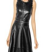 Women’s genuine lambskin leather studded fit & flare dress