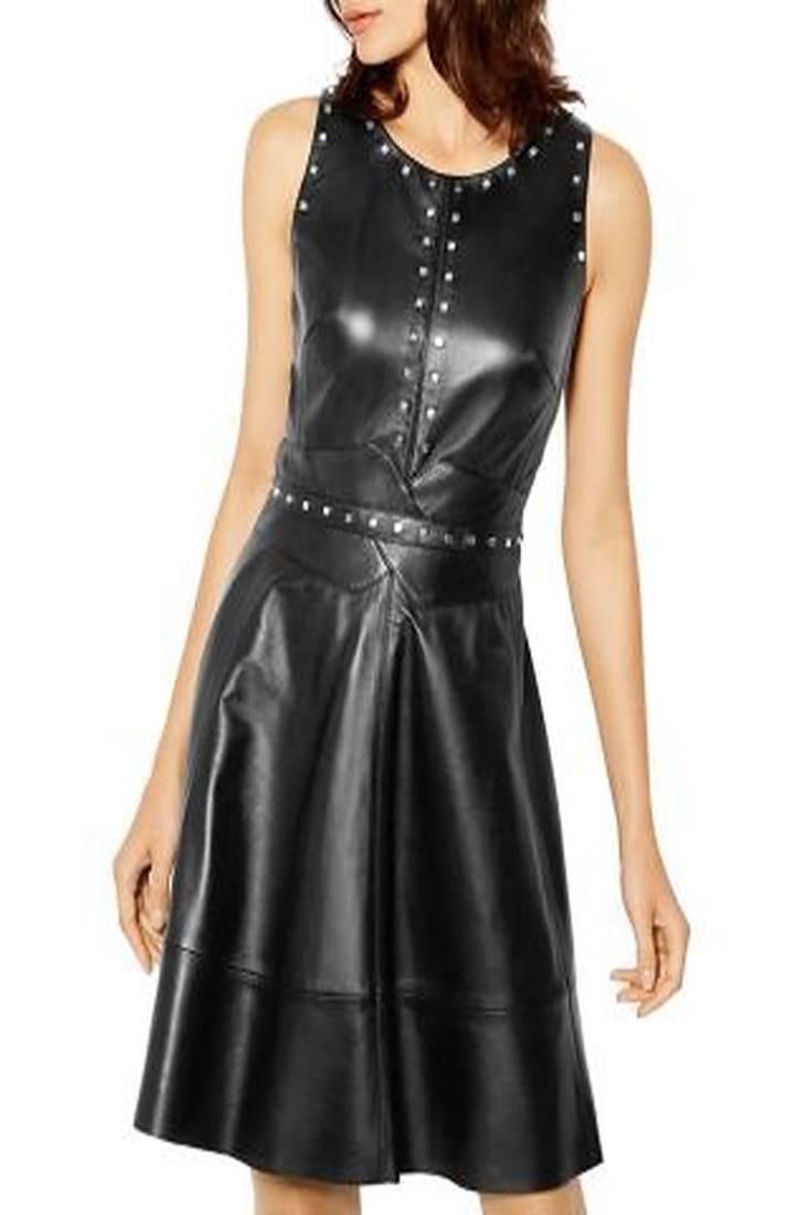 Women’s genuine lambskin leather studded fit & flare dress