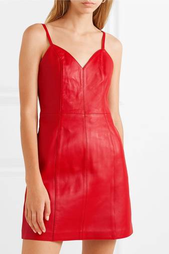 Women’s genuine lambskin red leather spaghetti strap mini dress