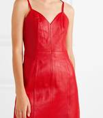 Women’s genuine lambskin red leather spaghetti strap mini dress