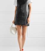 Women’s genuine black lambskin leather sleeveless pinafore mini dress