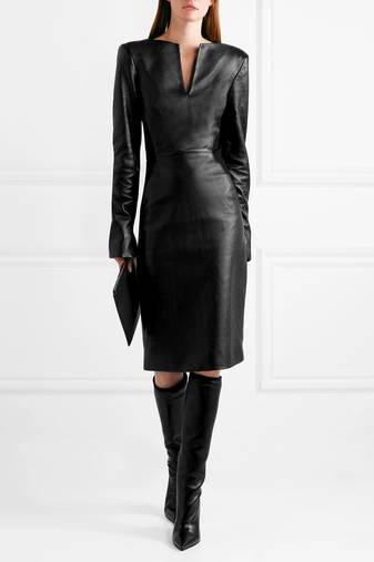 Women’s genuine black lambskin leather long sleeve midi dress with v-neck