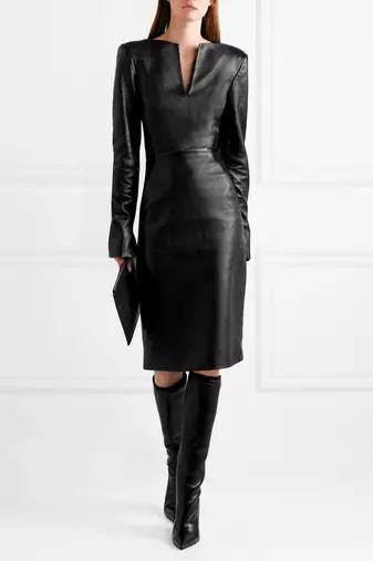 Women’s genuine black lambskin leather long sleeve midi dress with v-neck