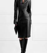 Women’s genuine black lambskin leather long sleeve midi dress with v-neck