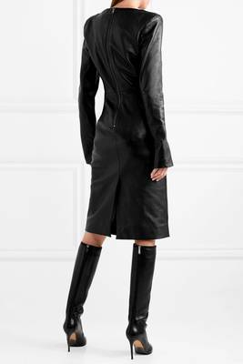 women's black lambskin midi leather dress long sleeve design 2