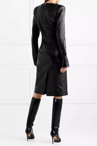 women's black lambskin midi leather dress long sleeve design