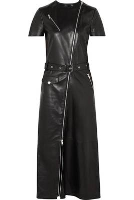 women's black lambskin leather dress adjustable belted waist 1
