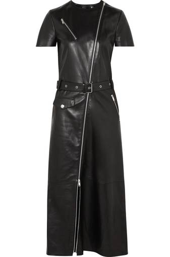 Women’s genuine black lambskin leather belted zip-front dress