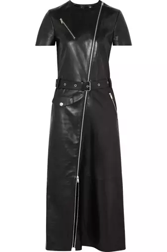 Women’s genuine black lambskin leather belted zip-front dress