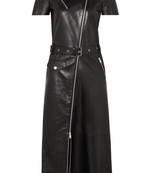 Women’s genuine black lambskin leather belted zip-front dress
