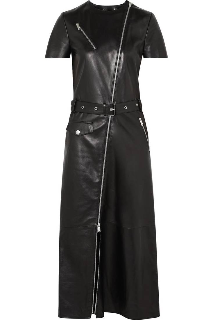 Women’s genuine black lambskin leather belted zip-front dress