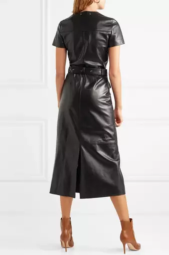 women's black lambskin leather dress adjustable belted waist