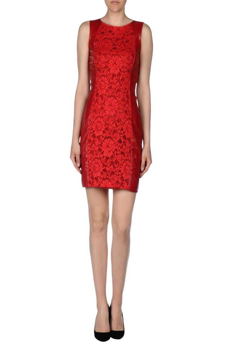 Women’s red lace panel bodycon mini dress genuine soft pure napa leather