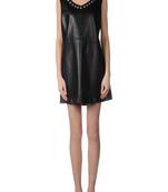 Women’s black real leather sleeveless studded neckline mini dress
