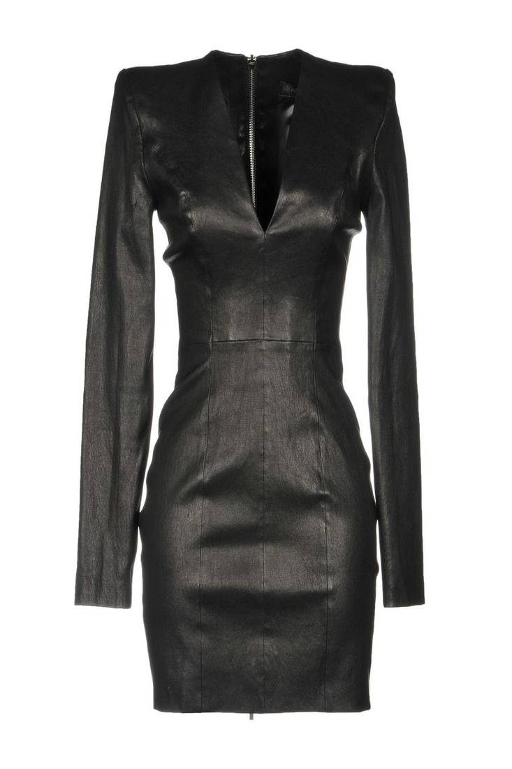 Women’s black lambskin leather bodycon mini long  sleeve dress