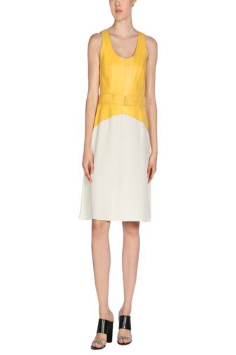 Women’s colorblock lambskin leather sleeveless a-line dress with belted waist