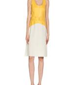 Women’s colorblock lambskin leather sleeveless a-line dress with belted waist