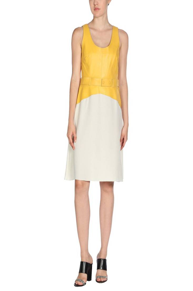 Women’s colorblock lambskin leather sleeveless a-line dress with belted waist