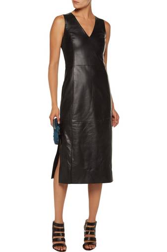 Women’s black lambskin leather sleeveless midi dress with v-neck