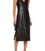 Women’s black lambskin leather sleeveless midi dress with v-neck