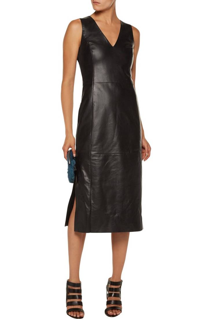 Women’s black lambskin leather sleeveless midi dress with v-neck