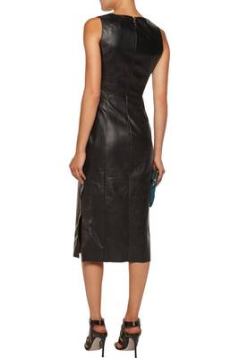 women's black lambskin midi leather dress sleeveless cut 2