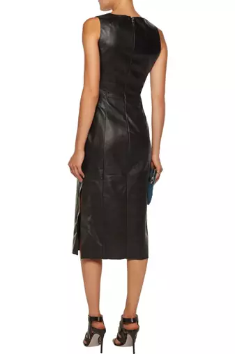 women's black lambskin midi leather dress sleeveless cut